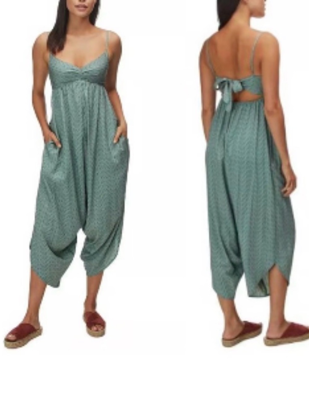Patagonia Lost Wildflower Wide Crop Leg Jumpsuit Tie Back Treal Blue Large Boho